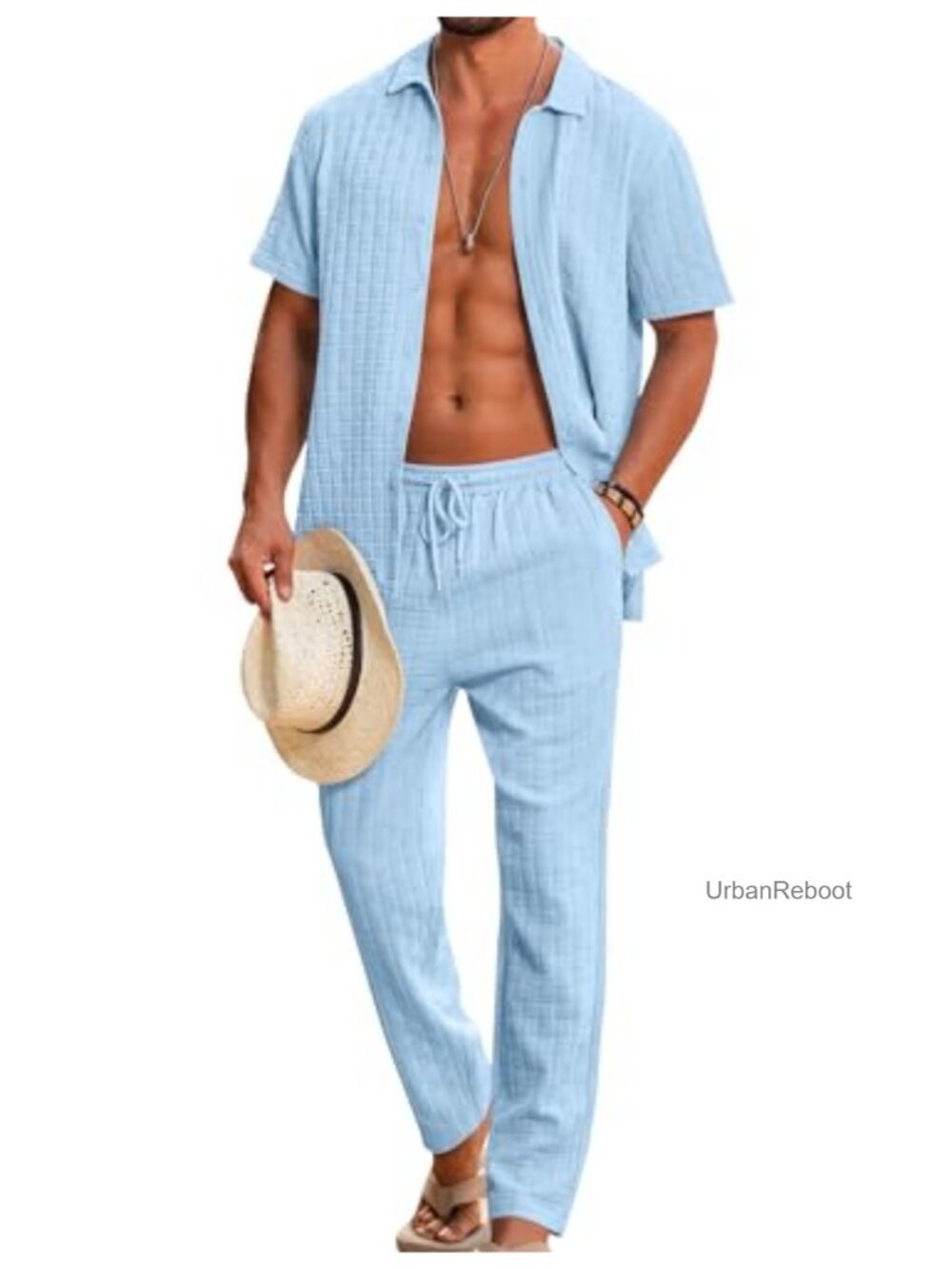 Men's Textured 2-Piece Outfit Short Sleeve Button Down Shirt & Pants Set